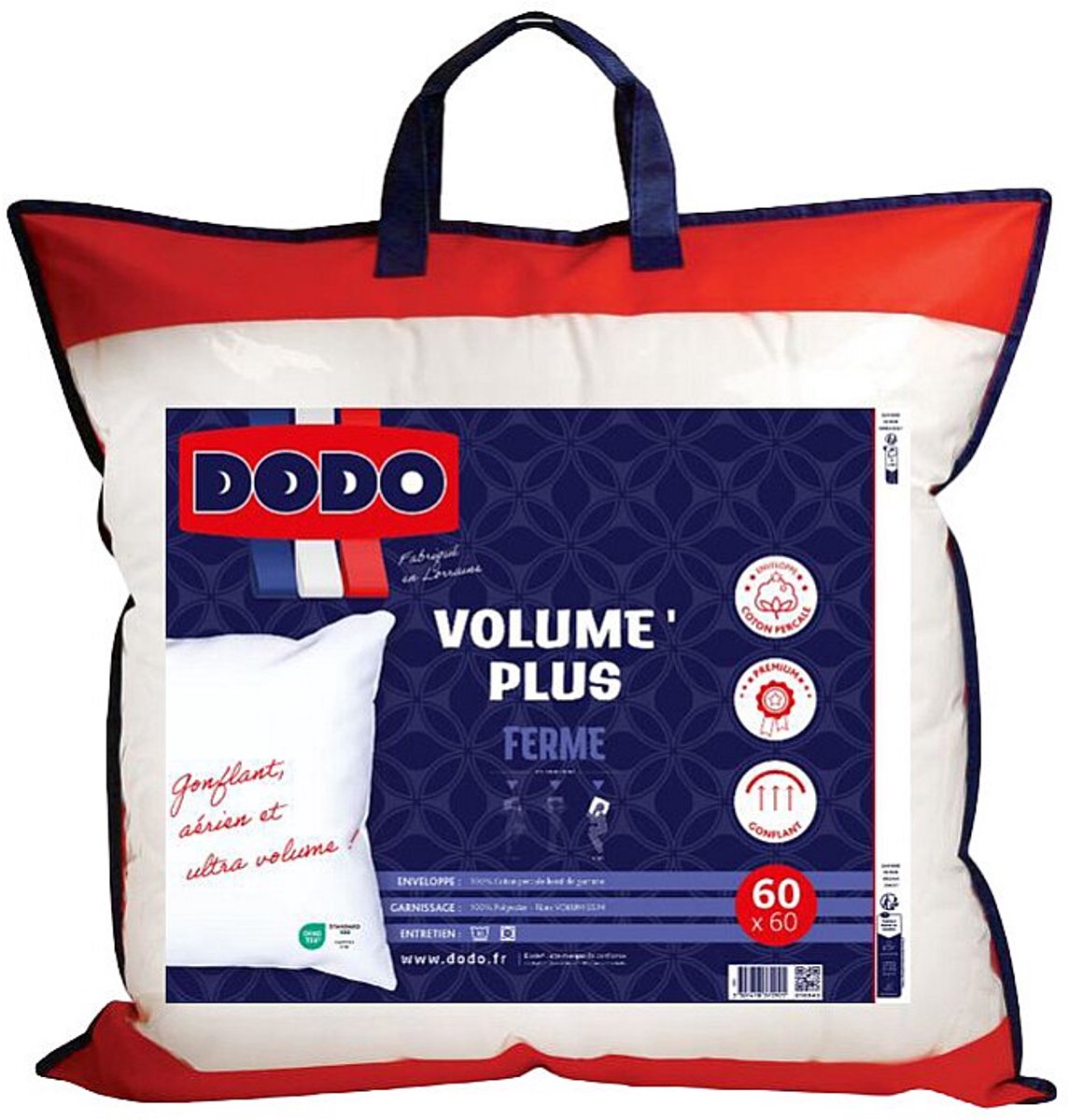 DODO Stevig hoofdkussen DODO - 750g/m² - Hoes 100% Katoen percal - 60x60cm PURE CONFORT L 60 cm x H 15 cm x D 60 cm