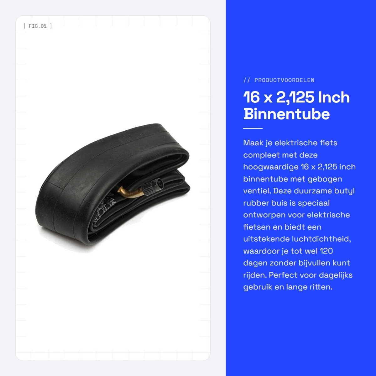 Dailygoods - 16 x 2,125 Inch Binnentube - Butyl Rubber - Geschikt voor Elektrische Fietsen - Gebogen Ventiel - Lange Luchtbehoud - Hoogwaardige Kwaliteit