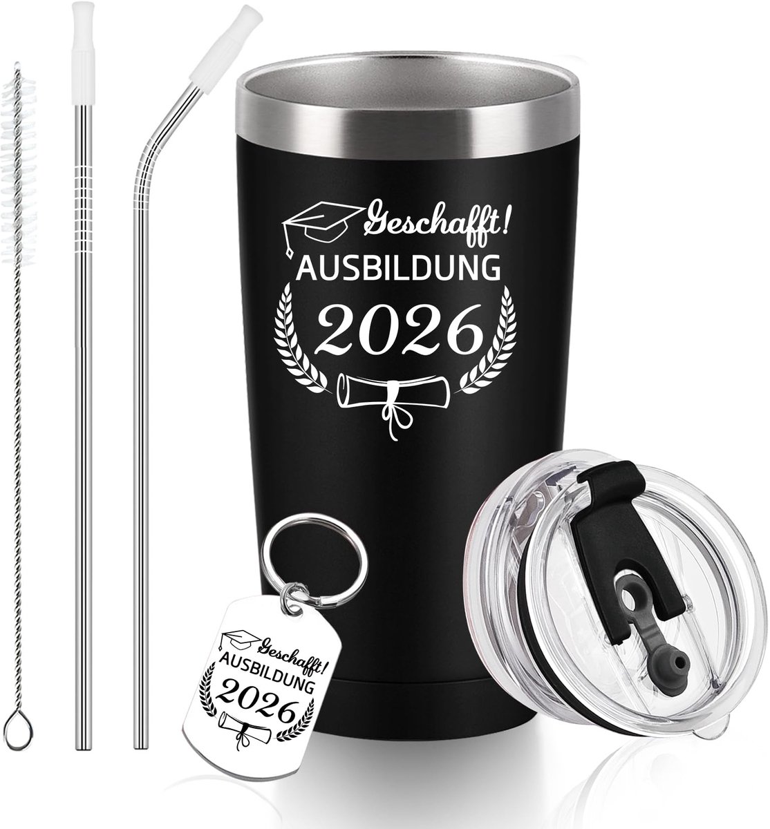 Dailygoods- Wijnbeker 600 ml - Dubbelwandig - Roestvrij staal - Deksel - Rietje - Sleutelhanger - Drinkbeker