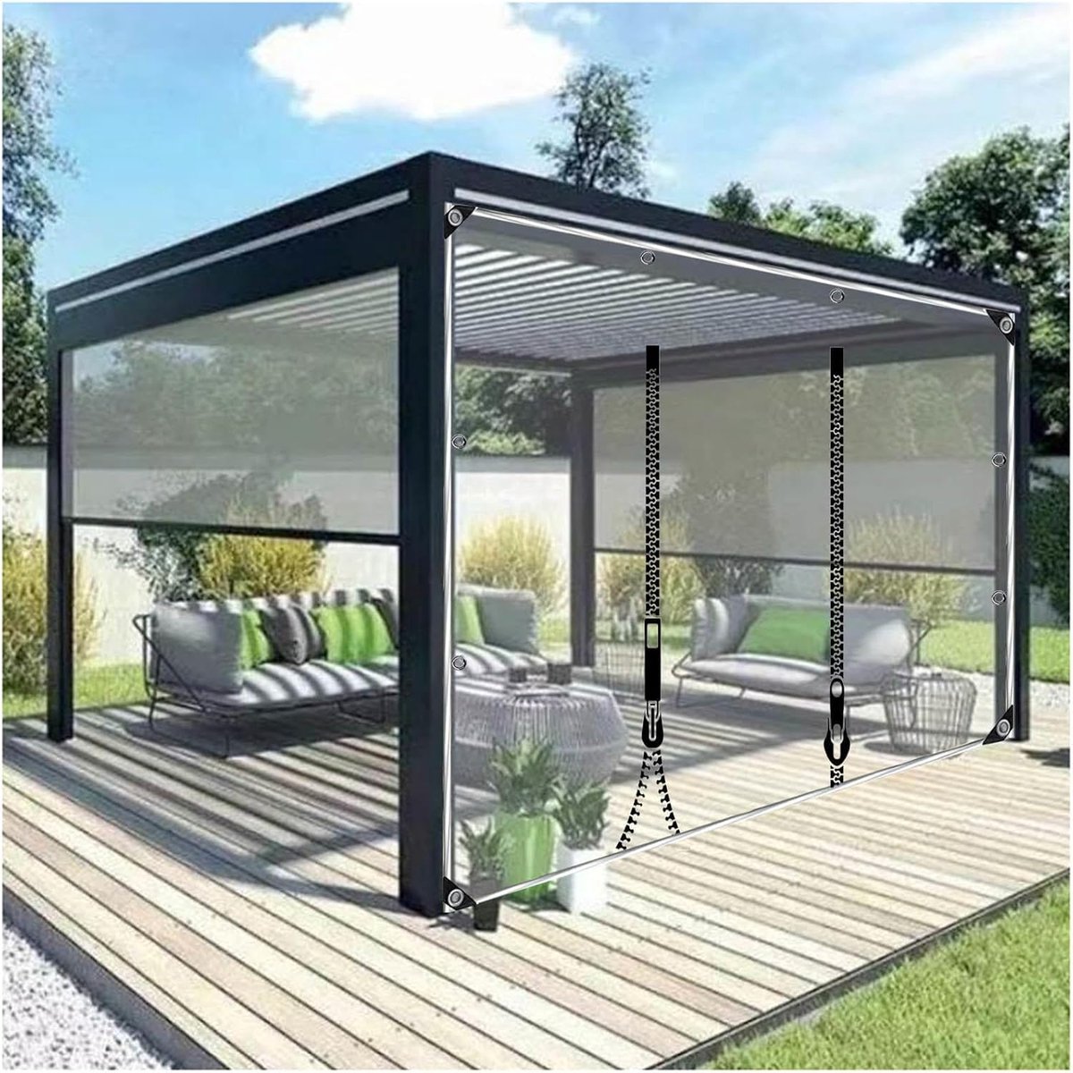 Waterdicht Zeildoek Gordijn - Transparant Zijpaneel - Buitenruimte Afschermen - Met Ritsen - 6x2m - Transparant