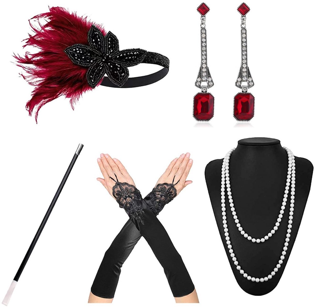 Dailygoods- Accessoires Jaren 20 - Gatsby Kostuumaccessoires - Parelketting - Kanten Handschoenen - Retro Oorbellen - Compleet Set - Flapper Kostuum