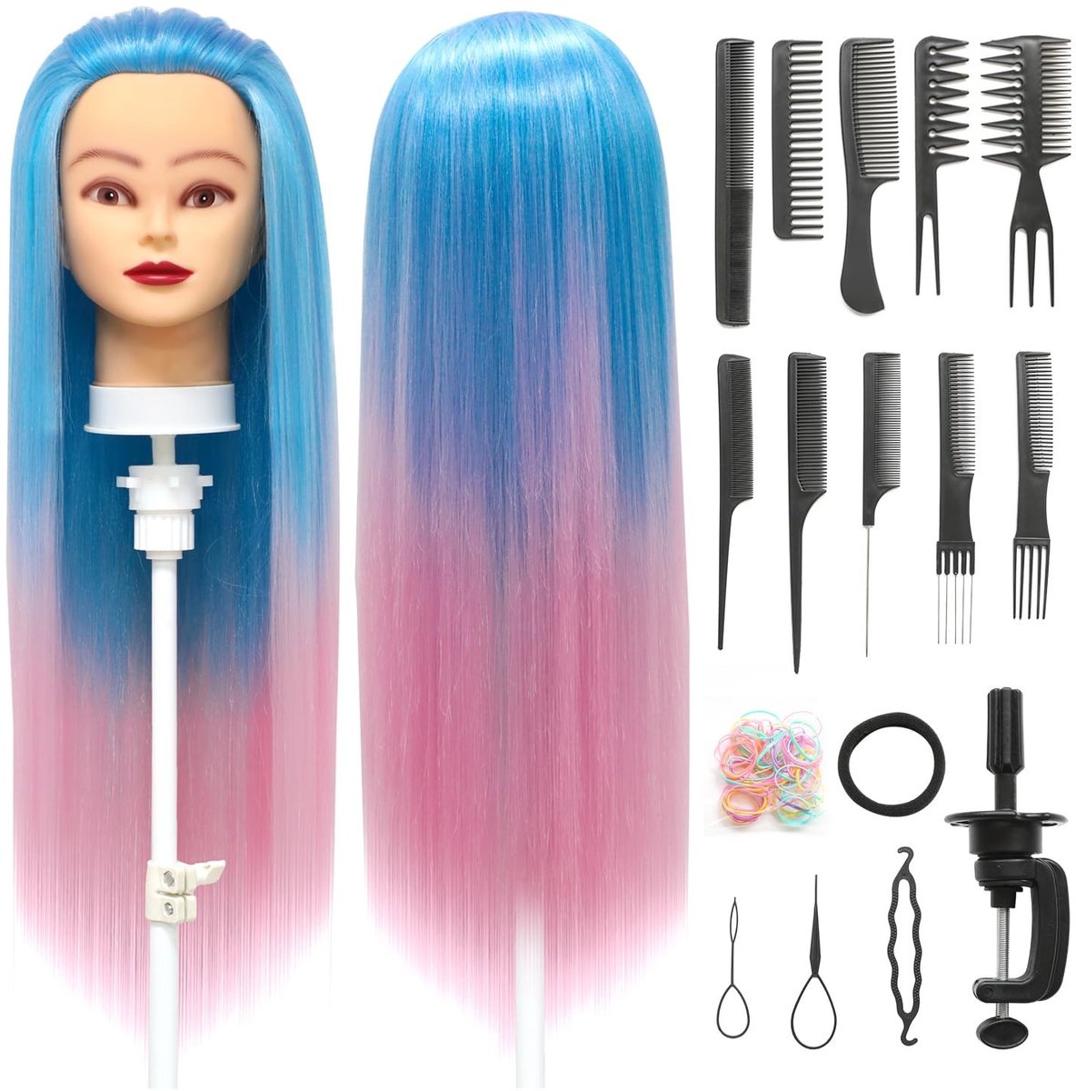 Dailygoods- Kappershoofd 100% Synthetische Vezels - Oefenhoofd - Kappersset - Trainingskop met Tafelklem - Haarvlechtset - Geschikt voor Cosmetica Studenten
