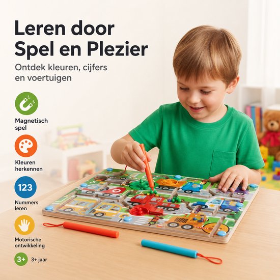 BOTC Magnetisch Doolhof - Houten Montessori Puzzel met Magnetische Pen - Kleuren & Cijfers Leren - Motoriek Speelgoed vanaf 3 Jaar - Auto’s & Verkeer van BOTC — afbeelding 2