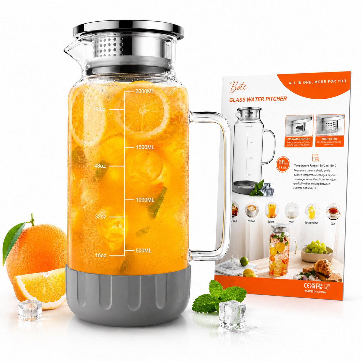 BOTC Karaf van glas - 2L - IJstheekan - Antislip - Siliconen bodem en nauwkeurige Schaalverdeling - voor Koelkast - Grijs — cadeau in Koken & Dineren - foto 6