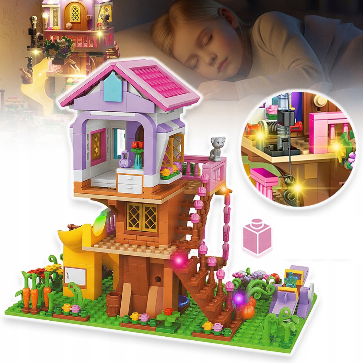 Bouwset Voor Een Boomhut - Kleurrijke Lichtslinger Draaiende Glijbaan En Schommelstoel - Creatief Bouwpakket Van ABS - Perfect Cadeau Voor Kinderen