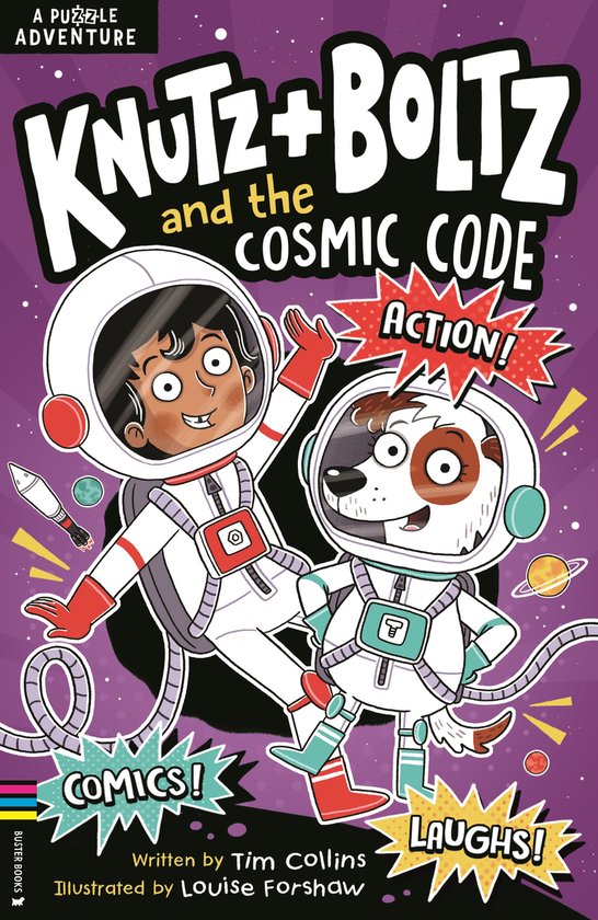 Boekcover met een jongen en een hond in ruimtepakken, met de titel Knutz + Boltz and the Cosmic Code.