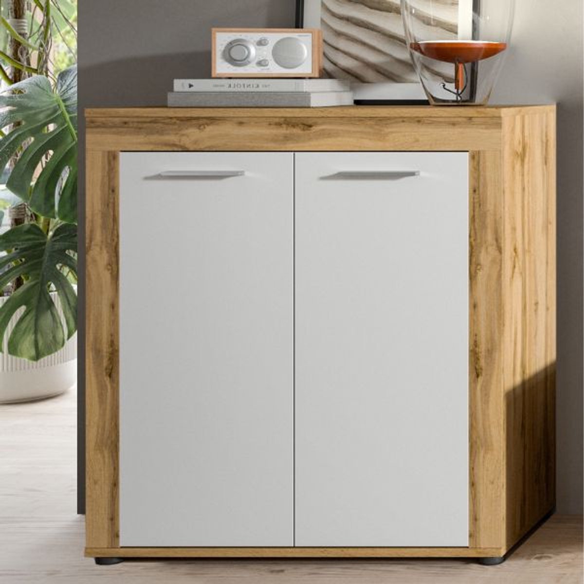 Dressoir Jam - 80x35x88cm - 2 Deuren - Wotan Eik/wit