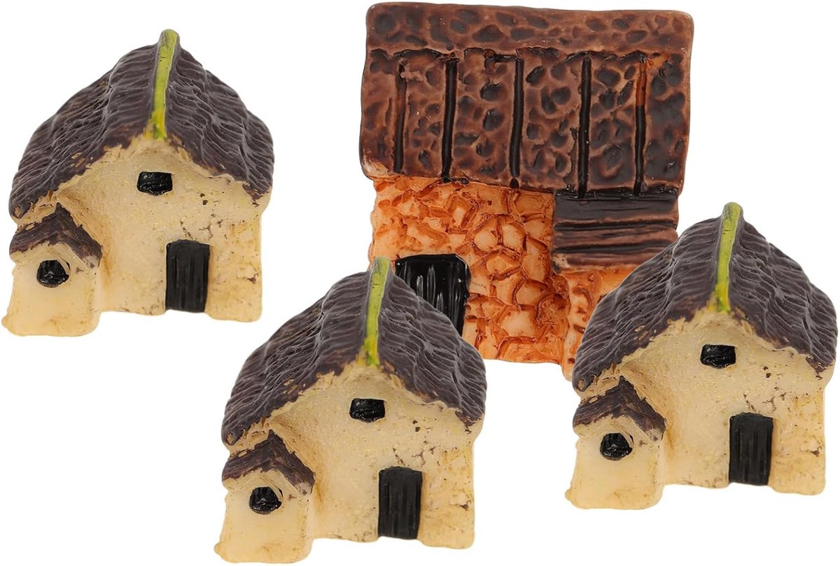 Mini Rieten Huisjes - Micro Tuin Decor - Sprookjes Tuin - Fijn Vakmanschap - 4 Stuks - Zoals Getoond