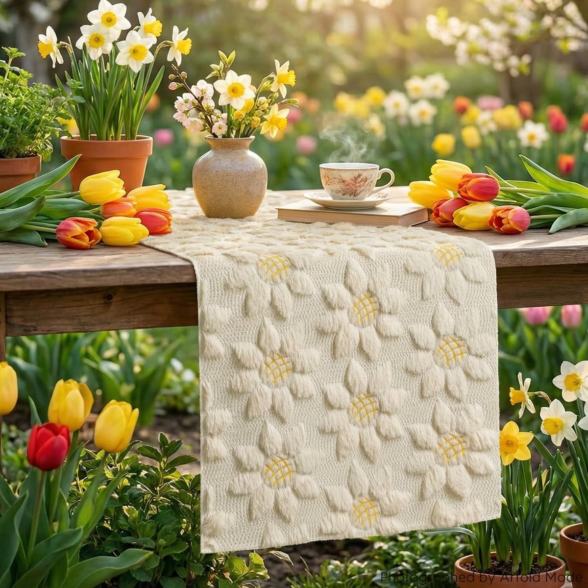 Dailygoods - Zachte Pluche Tafelloper met Zonnebloemen 33 x 230 cm