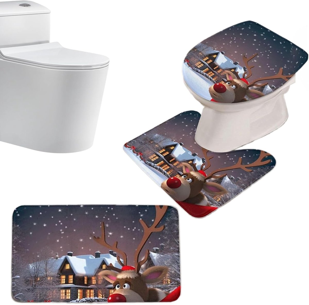 Kerstmis Toilet Hoes - Badkamer Mat Set - Feestelijke Decoratie - Antislip & Absorberend - 50L x 25W cm - Grijs