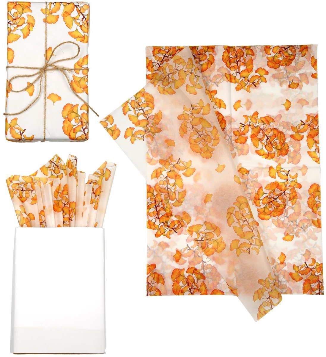 Dailygoods - Tinoaly 30 Vellen Bedrukt Vloeipapier, 50x35cm Cadeauverpakkingsvloeipapier voor Cadeauverpakking Knutselwerkjes Feestdecoratie (Geel Ginkgoblad)