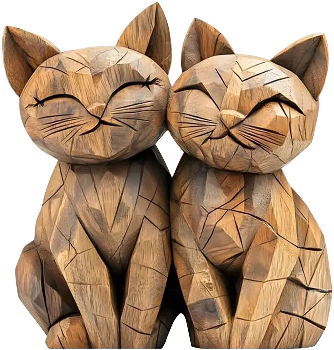 Dailygoods- Houten Sculptuur 2D - Kattenpaar - Bureaudecoratie - Cadeau voor Kattenliefhebbers - Massief Beukenhout - 20x18 cm - Houten Beeldje