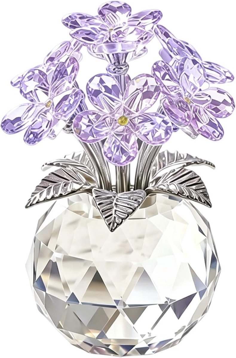 Kristallen Boeket Beeld - Glazen Bloemensculptuur - Bureau Decoratie - Eeuwig Aandenken - 13.5cm Lengte - Paars