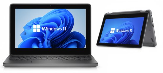 Grijze Dell Latitude 3120 2-in-1 laptop/tablet in laptopmodus met Windows 11.