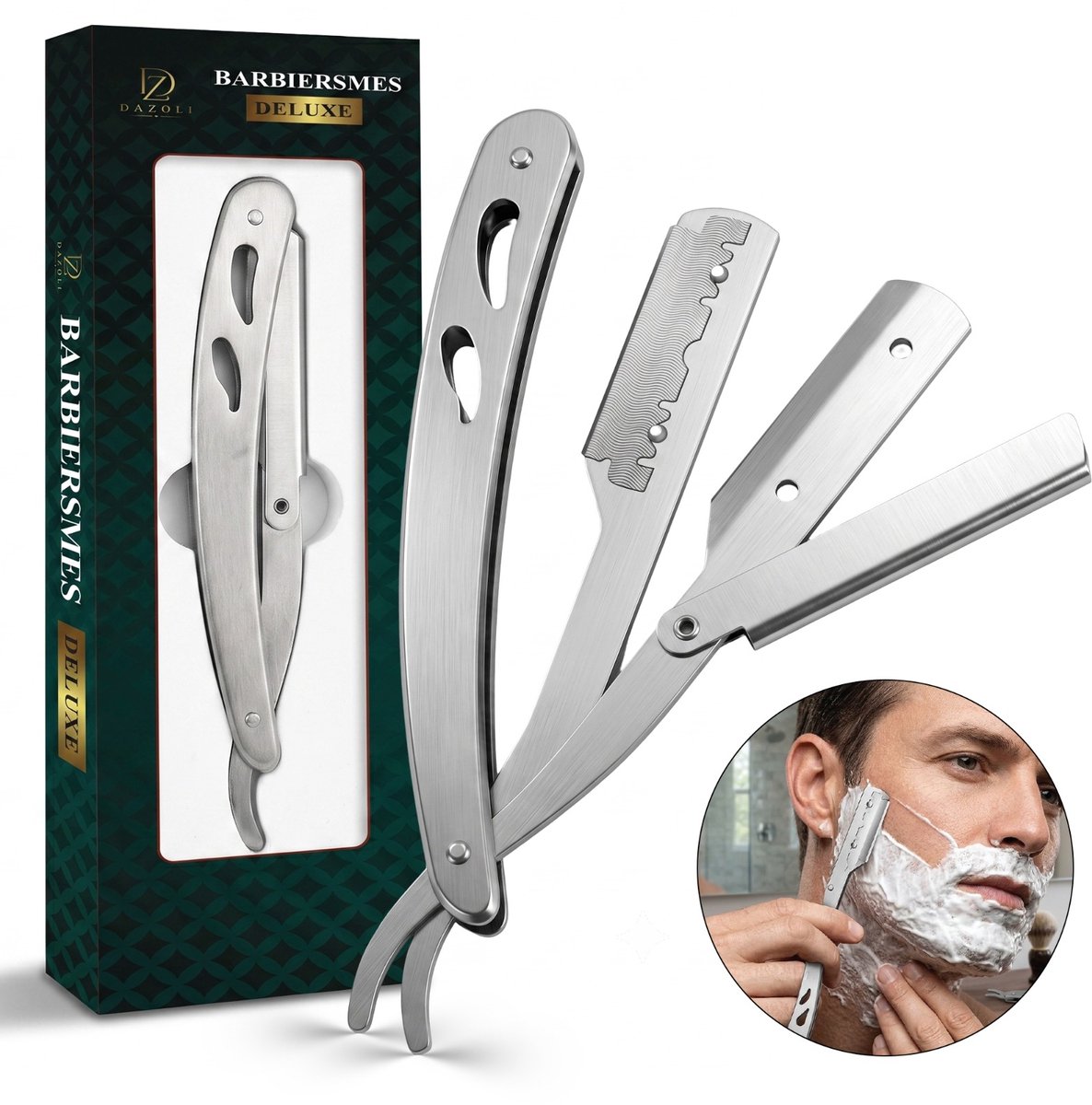 DAZOLI® Barbiersmes met 100 Mesjes – Professioneel Open Scheermes – Shavette Scheermes van RVS – Opvouwbaar Barber Scheermes – Scheermes voor Baardcontouren & Gezicht – Herbruikbaar
