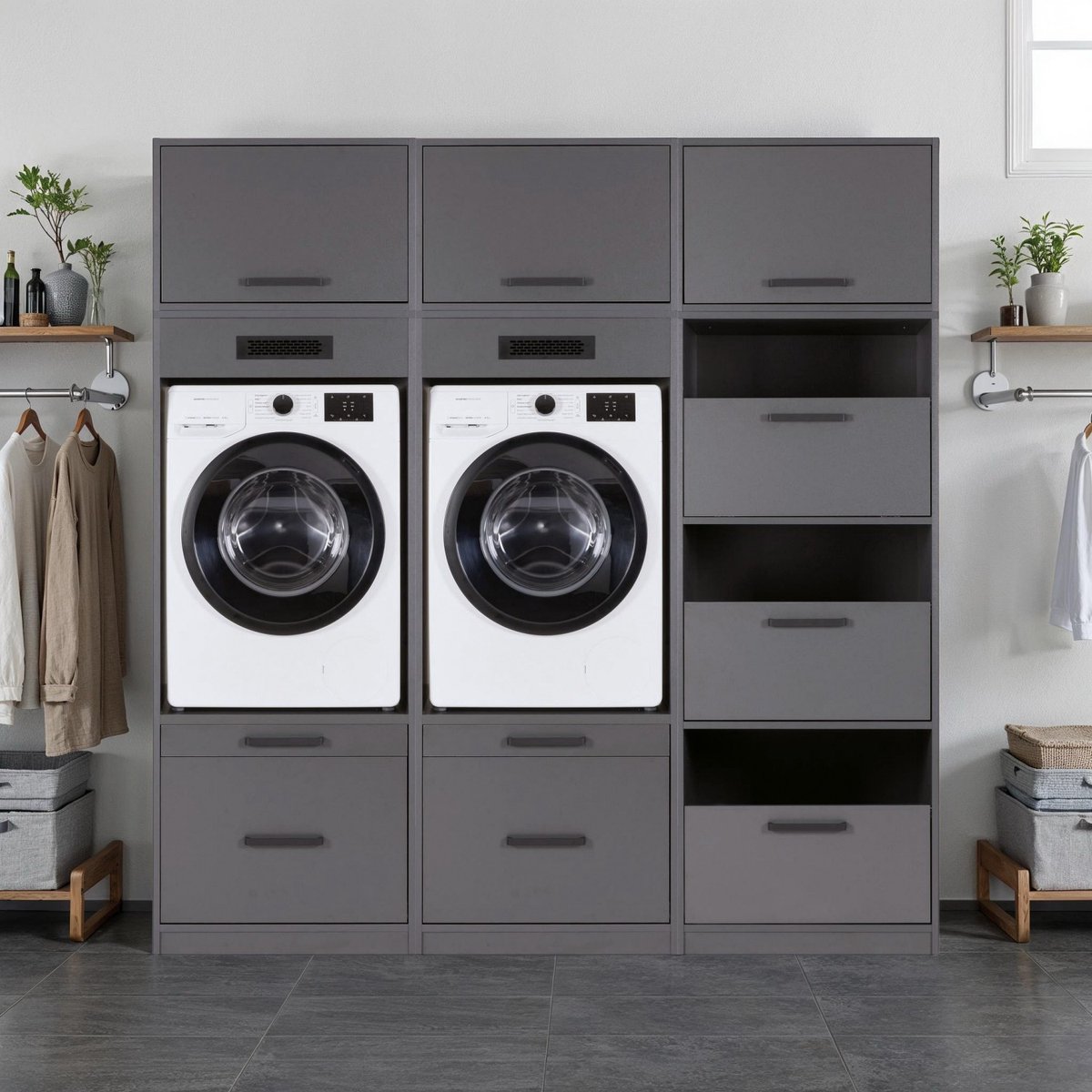 Interlink Lifestyle Studio Flow wasruimtecombinatie Bundel 2 antraciet - Complete wasruimte met 6 elementen - 2 wasmachinekasten, 3 bovenkasten en wasmandkast - Softclose - 201 x 68 x 208 cm
