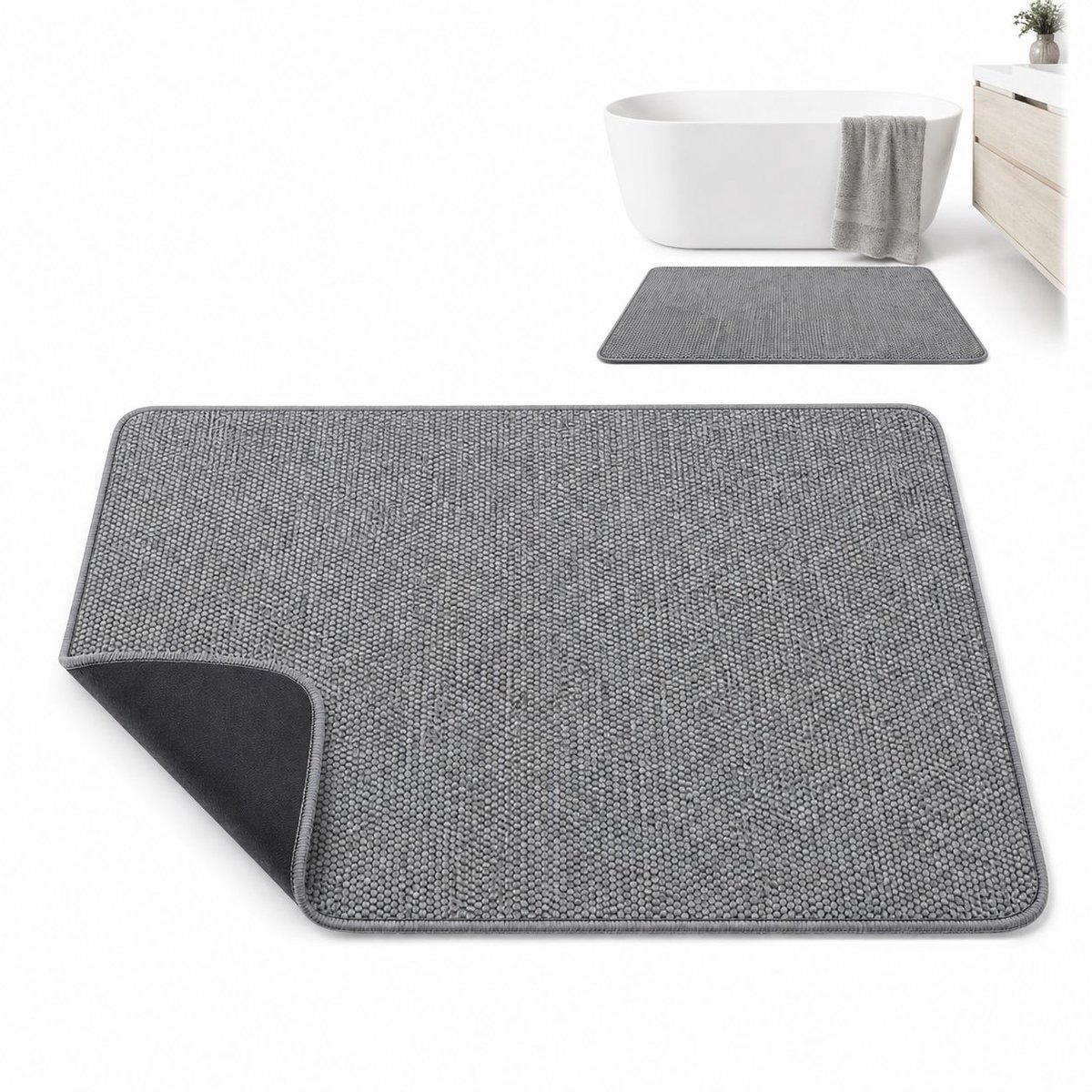 VHV - Badmat ultradun 16 x 24 inch - Absorberende antislip mat van badstof, machinewasbaar - grijs