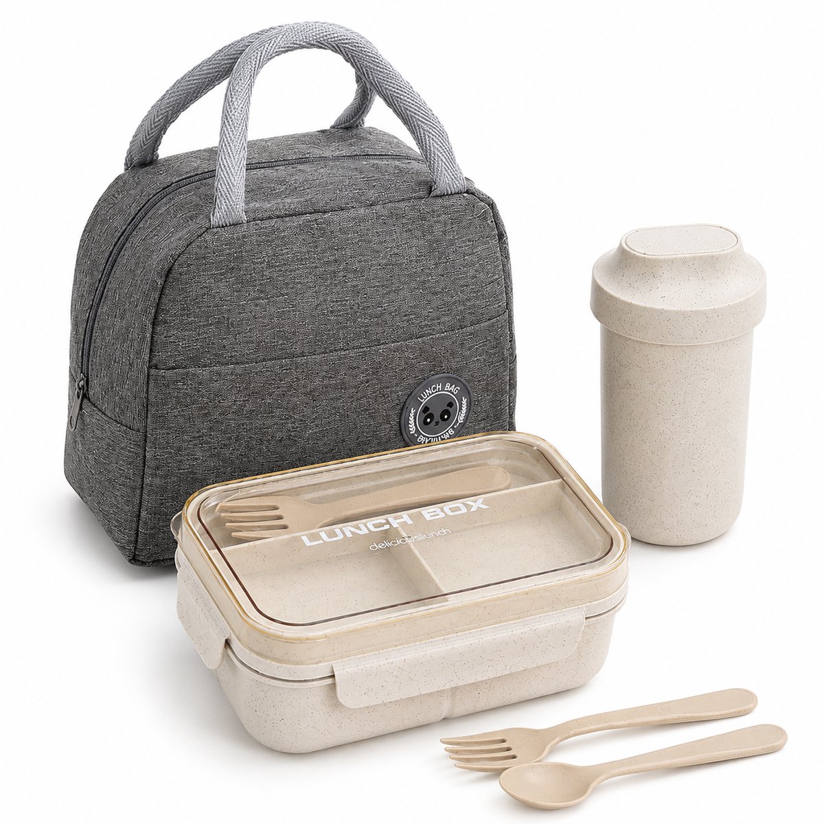 VHV Lunchboxset 1200 ml met Bestek en Isolertas - Bento Box met Vakverdeling, Transparant Deksel en Drinkbeker 480 ml - Voor Werk, Kantoor, Reizen en Onderweg