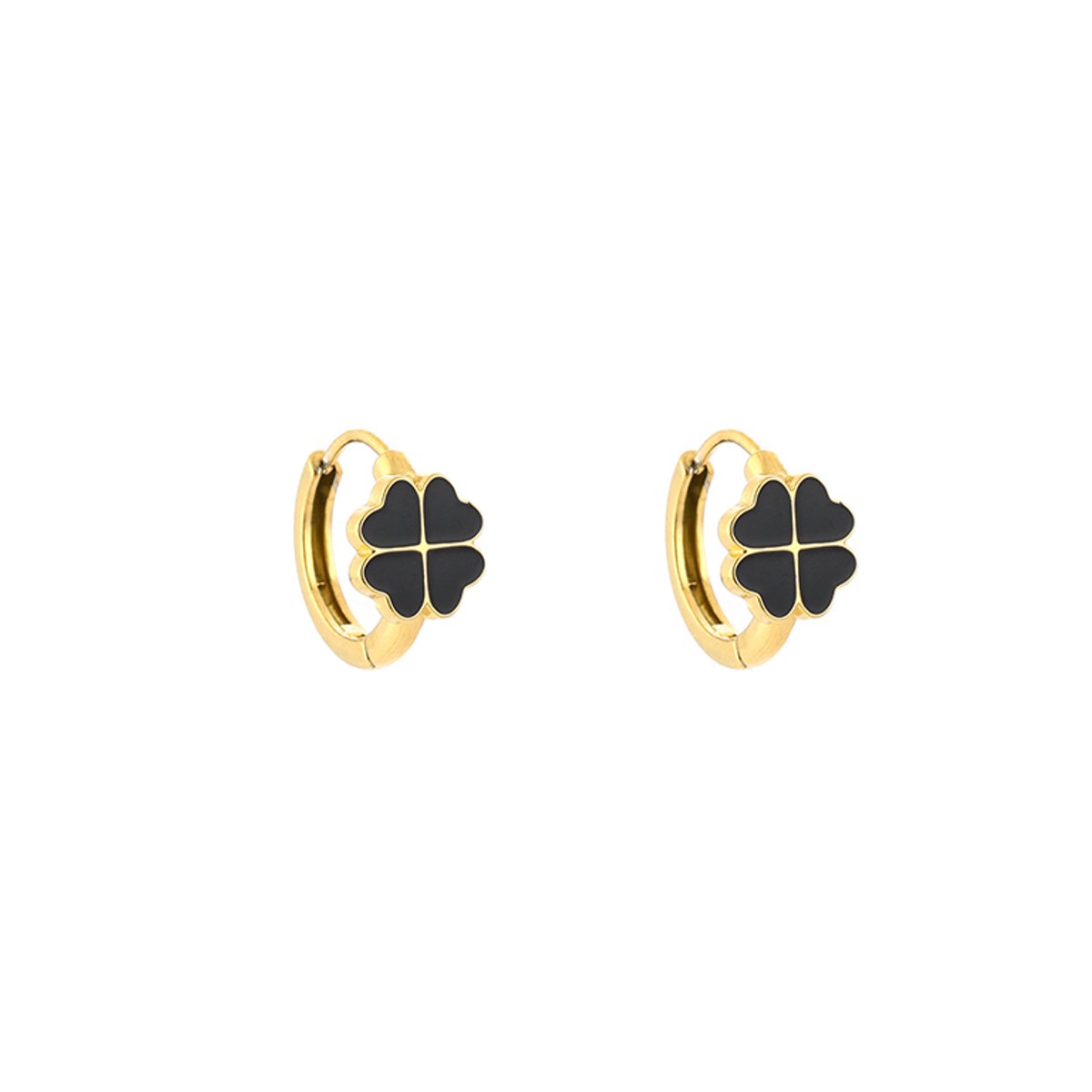 Black Enamel Four-Leaf Clover Huggie Hoops – Luxe Oorringen met Klavertje – RVS - Goud