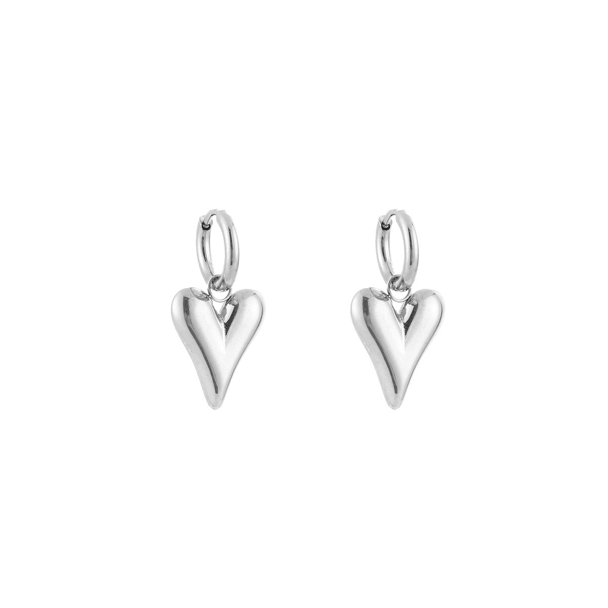 Puffy Chunky Heart Charm Hoops – Luxe Oorringen met Puffy Hart Bedel – RVS - Zilver
