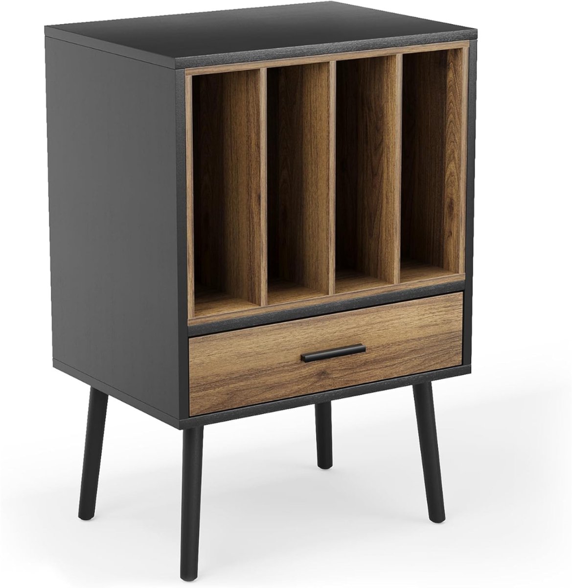 Lìon® Platenspeler Meubel - 4 Opbergruimte Scheidingswanden - LP Opbergsysteem - Platenspelerkast - Zwart/Bruin - 51cm x 37cm x 74cm