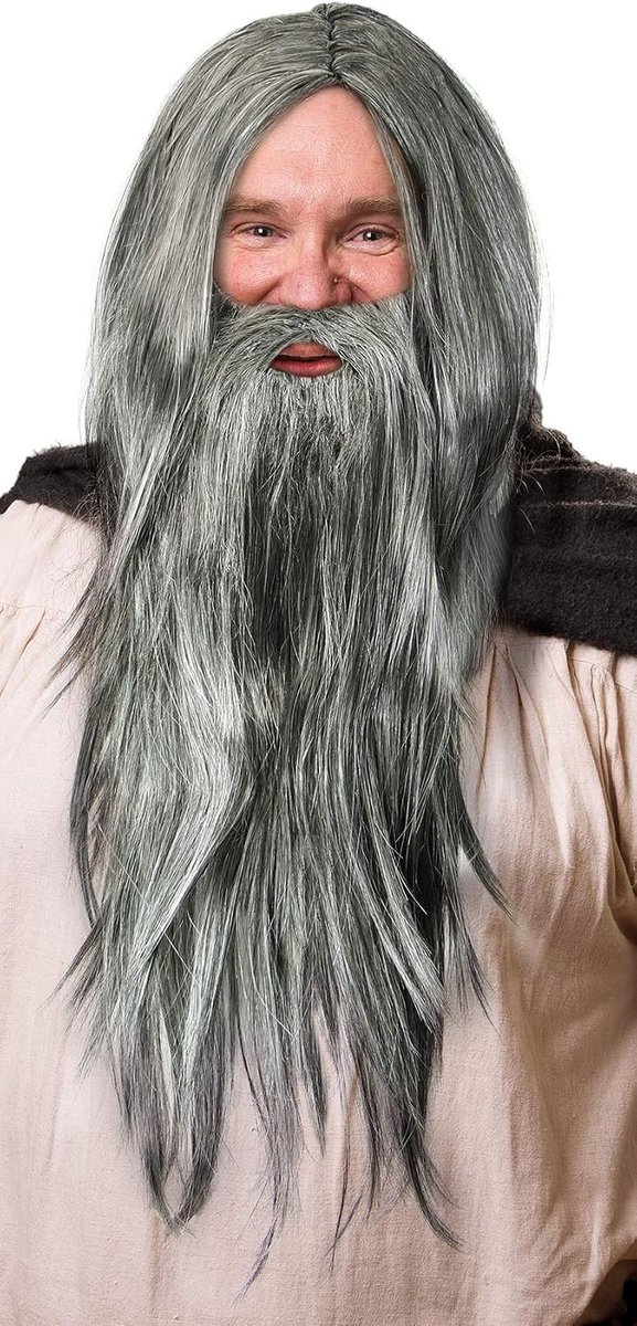 Tovenaarspruik in donkergrijs in set met donkergrijze baard voor mannen & vrouwen Tovenaar Gandalf Merlijn Carnaval