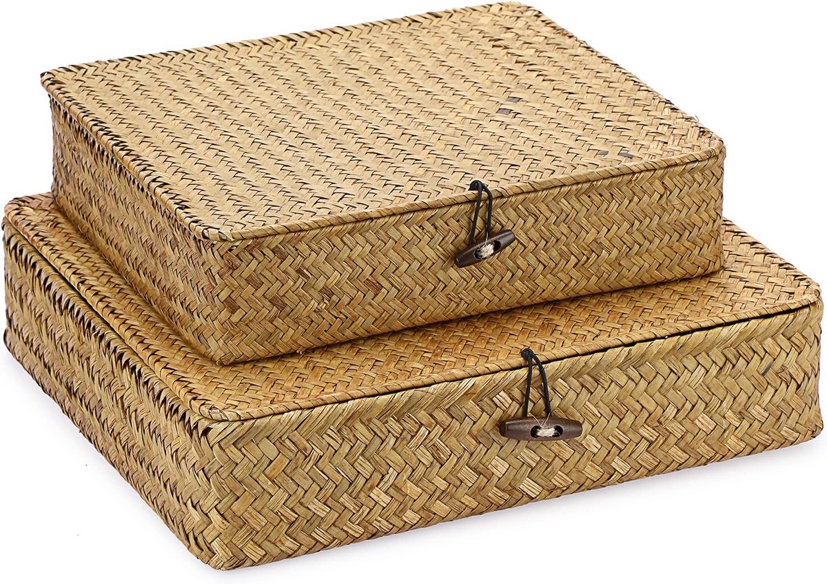 Rotanmand, 2 stuks, van natuurlijk zeegras met deksel, handwerk, opbergkist, opbergmanden, orde mand voor keuken, badkamer, slaapkamer, groot + klein (rechthoekig, lichtbruin)