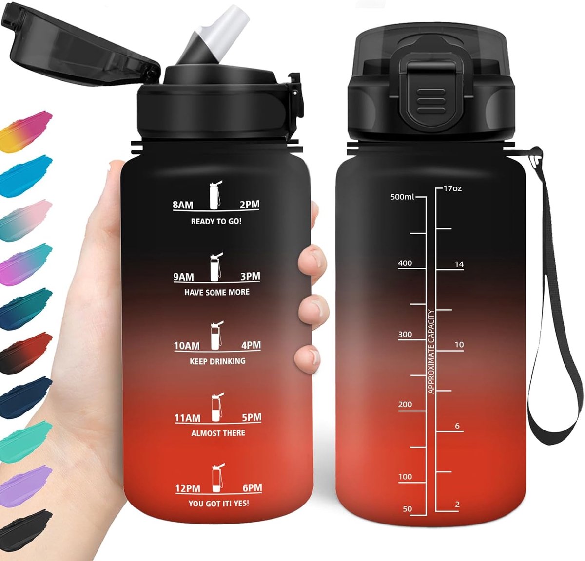 Drinkfles 500 ml, BPA-vrij en lekvrij, drinkfles met rietje, herbruikbare drinkfles voor de basisschool, motiverende drinkfles voor school, fitnessstudio, kantoor, hardlopen
