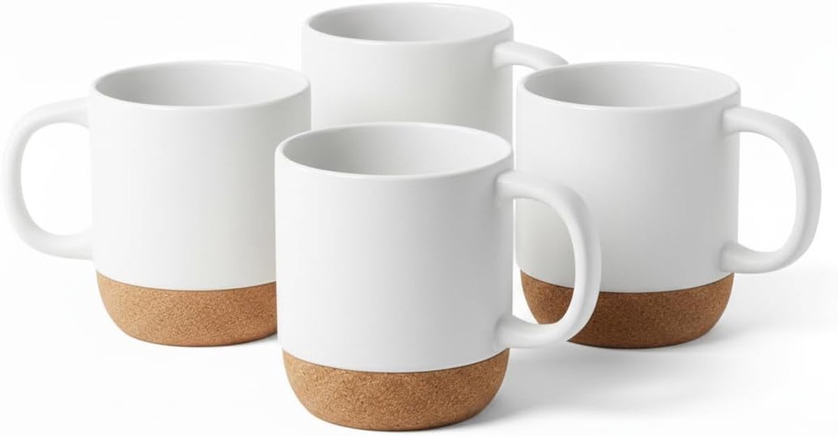 Set van Grote Keramische Koffiemokken | Hoge Witte en Zwarte Mokken met Kurken Onderzetter | Moderne Mokkenset voor Ontbijt en Thee | Perfect voor Thuis en op Kantoor (Wit, 4) | Moderne hoge mokken met kurkonderkant voor thuis en op kantoor