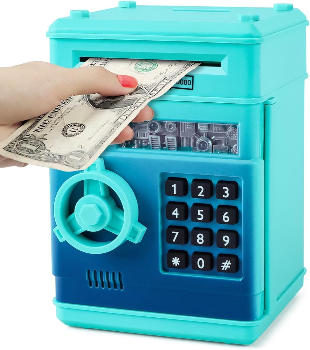 Elektronische spaarpot voor kinderen, spaarpot, kluis met code, veilige spaarpot, ATM, speelgoed voor kinderen, 3-12 jaar, cadeau voor jongens en meisjes, blauw groen