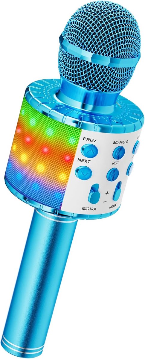Draadloze karaoke-microfoon, Bluetooth 4-in-1, draagbaar, karaoke-speler met ledlampen, dans, voor feestjes, zingen, cadeau-idee voor kinderen Blauw