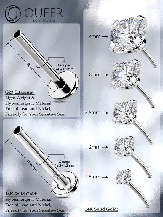 Body Piercing Threadless Labret Piercing Jewellery 14K White Gold Lip Piercing Stud Push in Helix Tragus Lobe Earring Piercing Bar — afbeelding 3