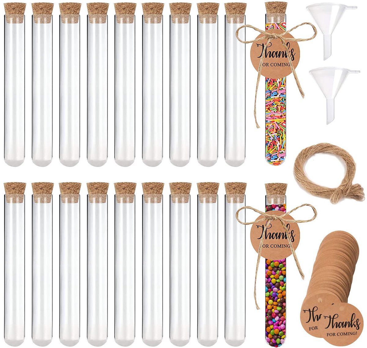 Set van 42 kurkproefbuizen - transparante plastic proefbuizen - 16 x 100 mm - met 50 kraftpapier labeltjes - 2 trechters - 20 m jute touw - voor DIY-badzout en specerijen