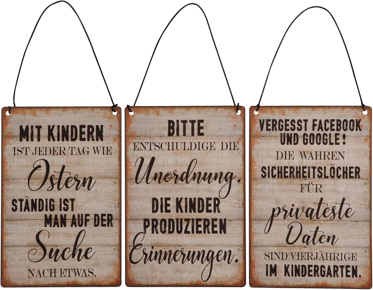 levandeo Set van 3 metalen borden, H 15 cm, spreuken familie kinderen, grappige wandafbeelding, wanddecoratie, decoratieve borden, cadeau