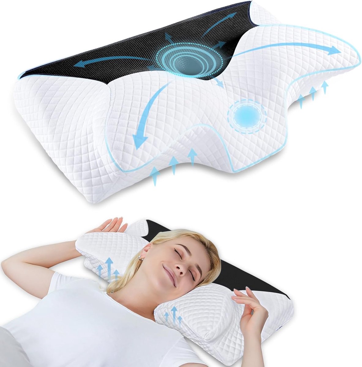 Cervicale kussen Memory Foam Kussens - Contour Memory Foam Kussen, Orthopedisch Nek Bed Kussen voor Zijslapers Terug en Buik (Zwart, 60 x 35 x 8/12cm)