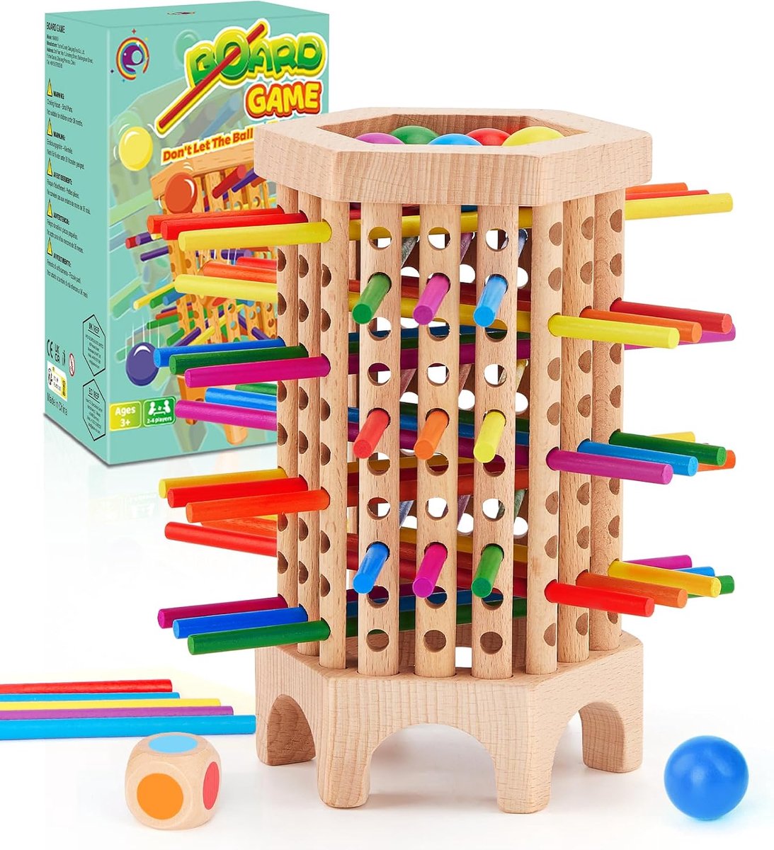 Bordspel van hout, 36 stuks, kleurrijke houten stokken, dobbelspel, educatief speelgoed, kinderspelletjes vanaf 3, 4, 5, 6 jaar, fijne motoriek, spelletjes, familiespel, reisspel