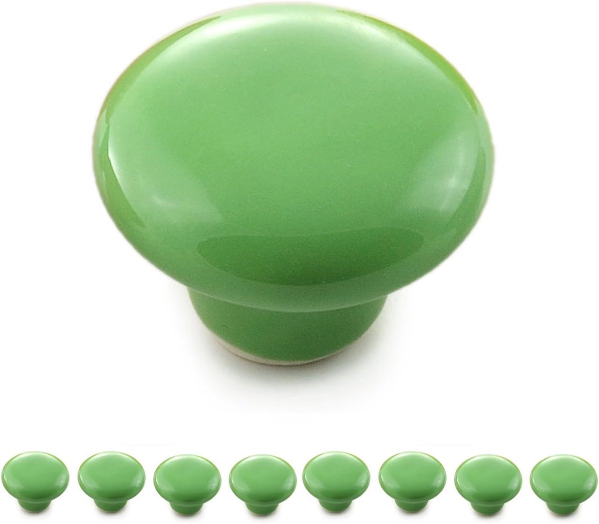 meubelknoppen voor kast en lade, 8 stuks porselein/keramiek in groen, ronde deurknop met glanzende afwerking, shabby chic vintage landhuis antiek stijl, Ø32mm, 23mm diep, montage tot 18mm