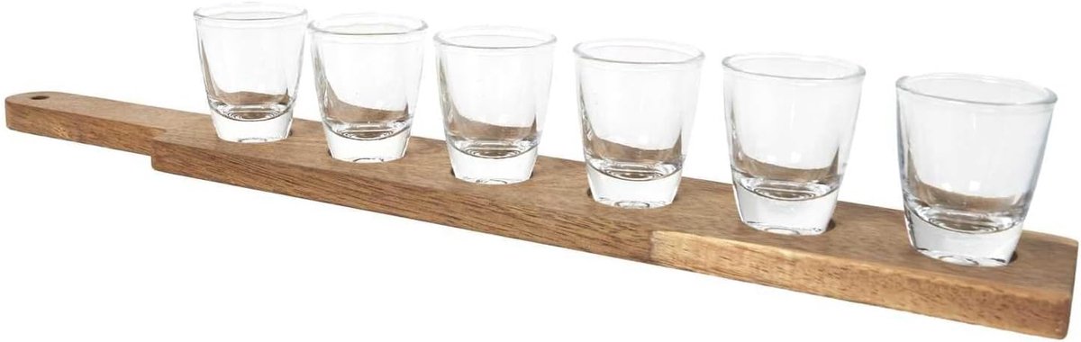 CONCEPT, KA0391, Set of transparent glass shooters with acacia board, ideal for your evenings, practical and elegant, easy to clean - Size: 3 cl, Color: Transparent, Gold