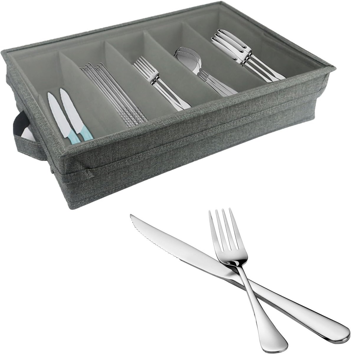 Bestekopbergdoos van sterling zilver met 4 verstelbare scheidingswanden en transparant afneembaar deksel, ladeopbergdoos voor keuken, woonkamer, slaapkamer en vuil