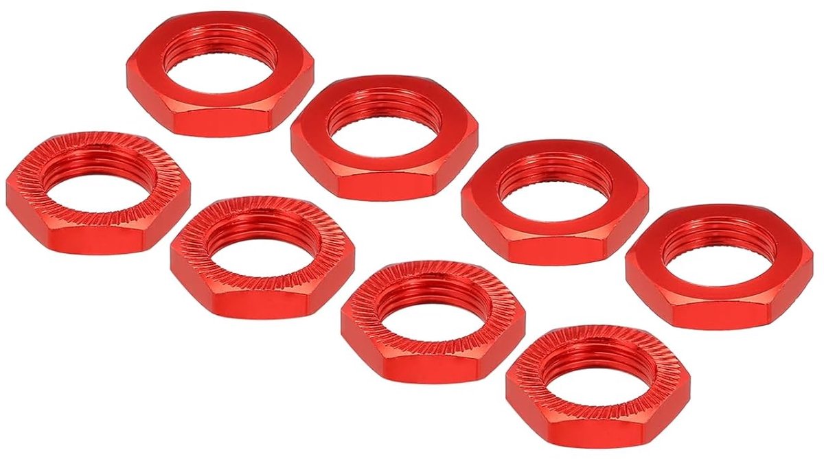 sourcing map Aluminium 17 mm RC wielmoer schroefdraad M12 x 1,0 mm zeskant wielmoeren RC wielmoer voor 1/8 RC modelauto, trucks, terreinwagen, verbeterde onderdelen, verpakking van 8 (rood)