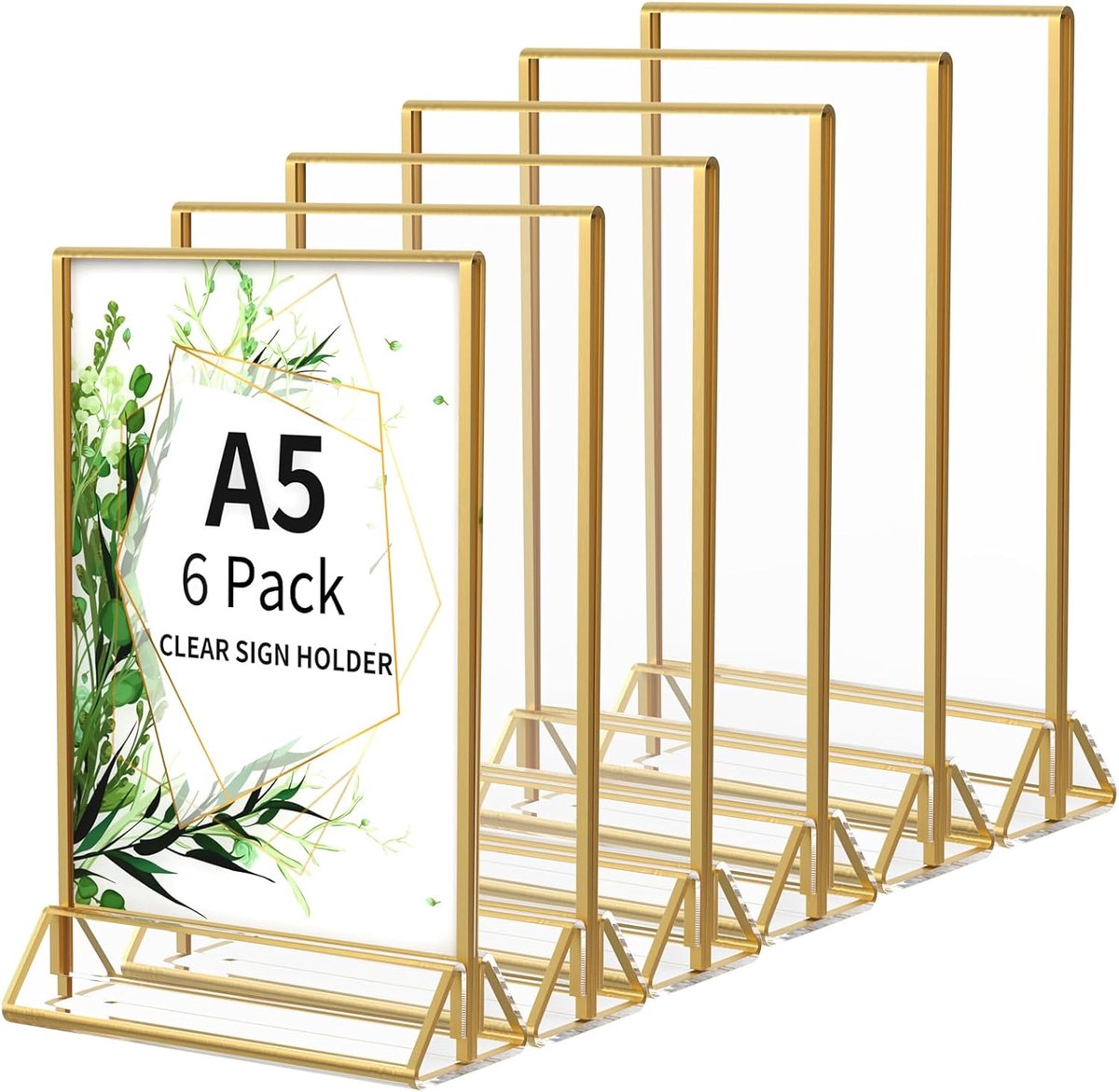 A5 dubbelzijdige acryl fotolijst 6 stuks gouden standaard | Verticale gouden A5 tafelstandaard, menu- en tafelnummerhouder voor bruiloften en banketten