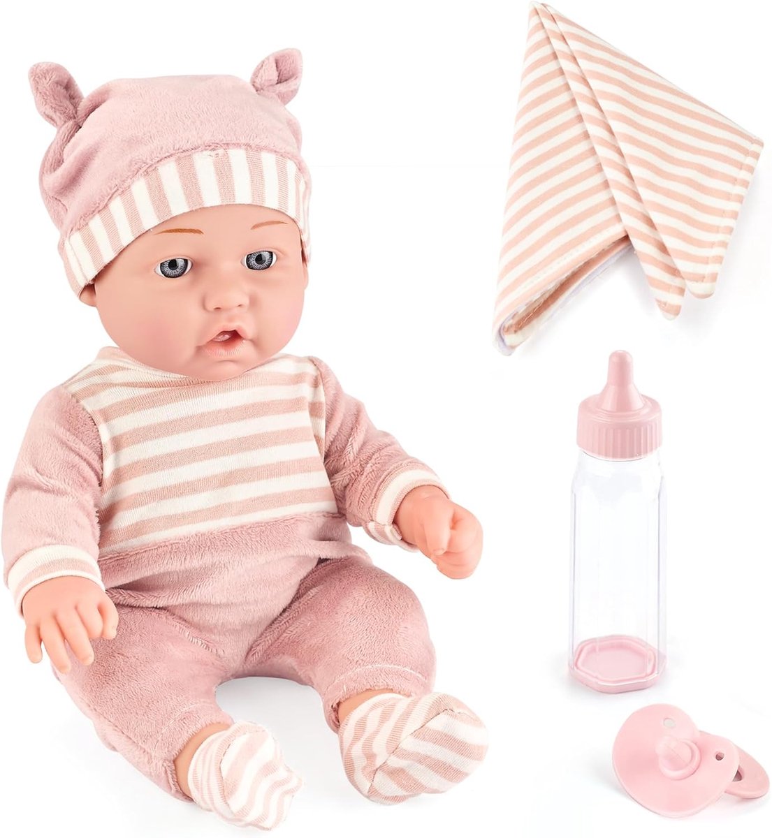 30 cm Baby poppen speelgoedset met accessoires zoals zuigfles, zachte deken, fopspeen en afneembare outfits. Ideaal cadeau voor 3+ jaar oude meisjes en peuters