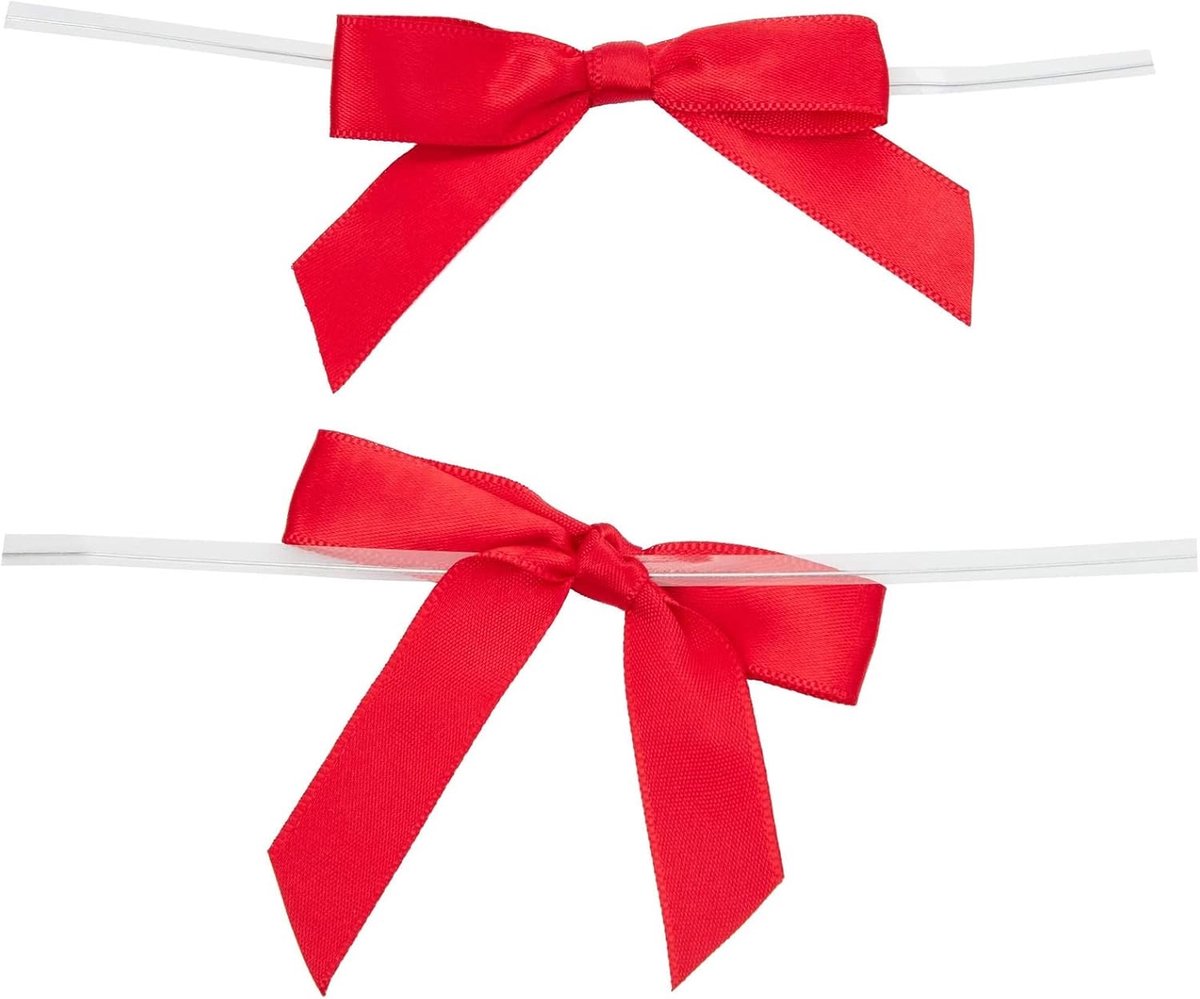 100 stuks Twist strikjes voor knutselen, voorgebonden satijnen lint voor geschenkzakken, feestartikelen, gebakjes, koekjes, mini-strikjes voor haardecoraties (6,3 x 7,6 cm, rood)