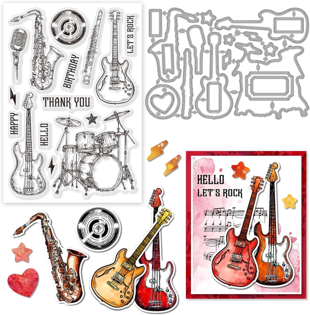 Muziekinstrument stempels en stansvormen, siliconen stempelkaarten en metalen stansen voor het maken van kaarten en doe-het-zelf reliëfs, scrapbooking