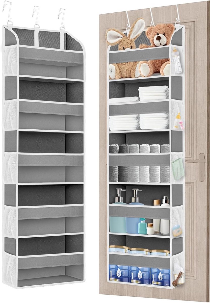 Opgewaardeerde opbergorganizer voor over de deur voor slaapkamer met 3 metalen haken, multifunctionele badkamerorganizers en opslag met 5 zakken, 10 gaaszakken (Lichtgrijs)