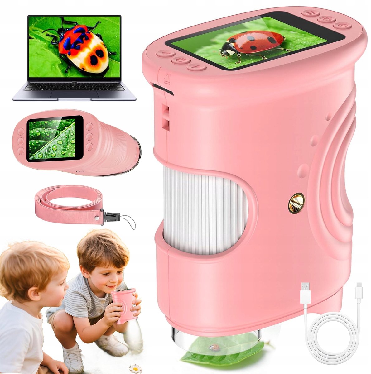 Digitale Microscoop voor Kinderen - Handmicroscoop - Kindermicroscopen - 2MP Camera & 1000x Vergroting - Handmatige Scherpstelling & 8 Instelbare LED's - 32 MB Opslag Voor 200+ foto's - Educatief Speelgoed - Voor Natuur & Experiment - Roze