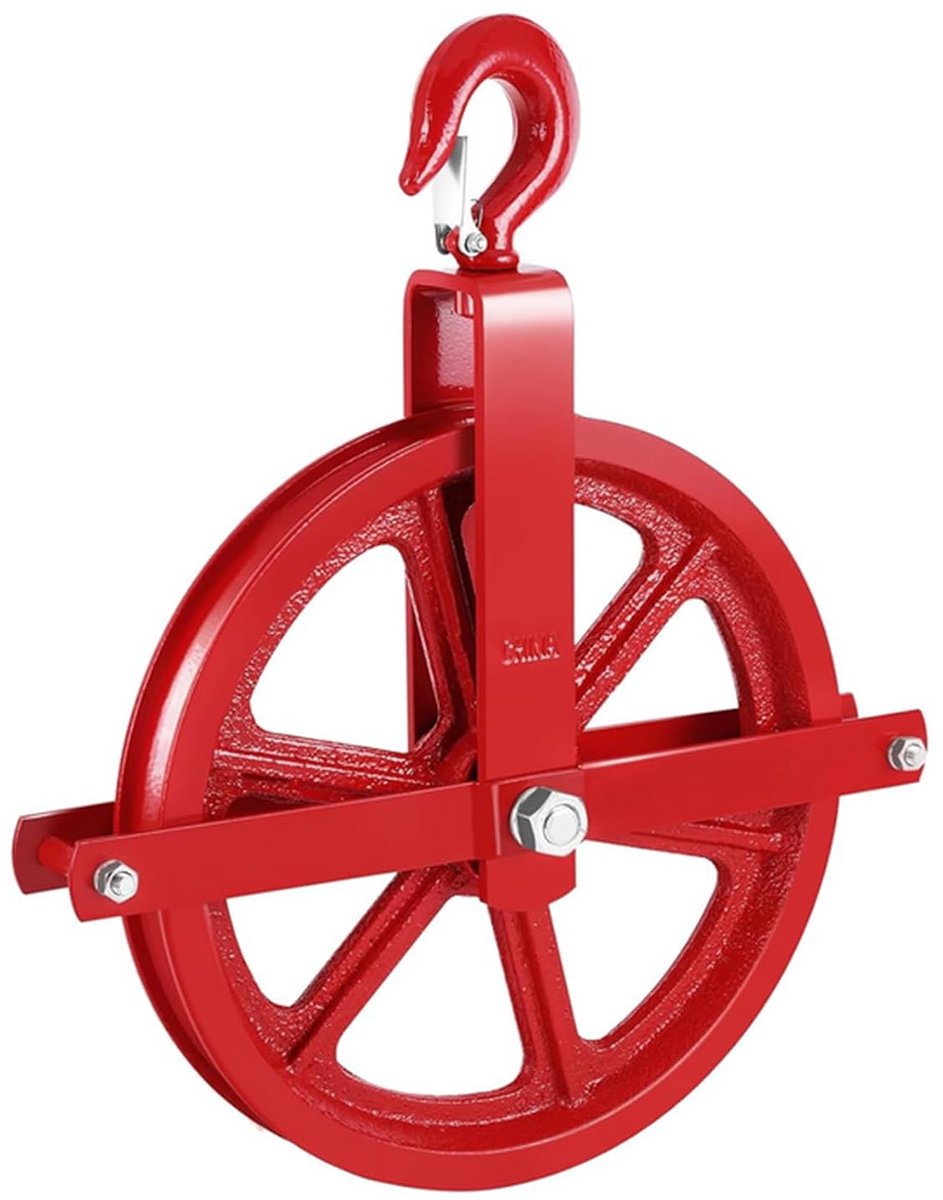 Katrolwiel, bouwkatrol, draagvermogen 450 kg, hefkatrol voor steigers, met haak en lager, 300 mm gietijzeren katrol, voor het optillen van zware voorwerpen
