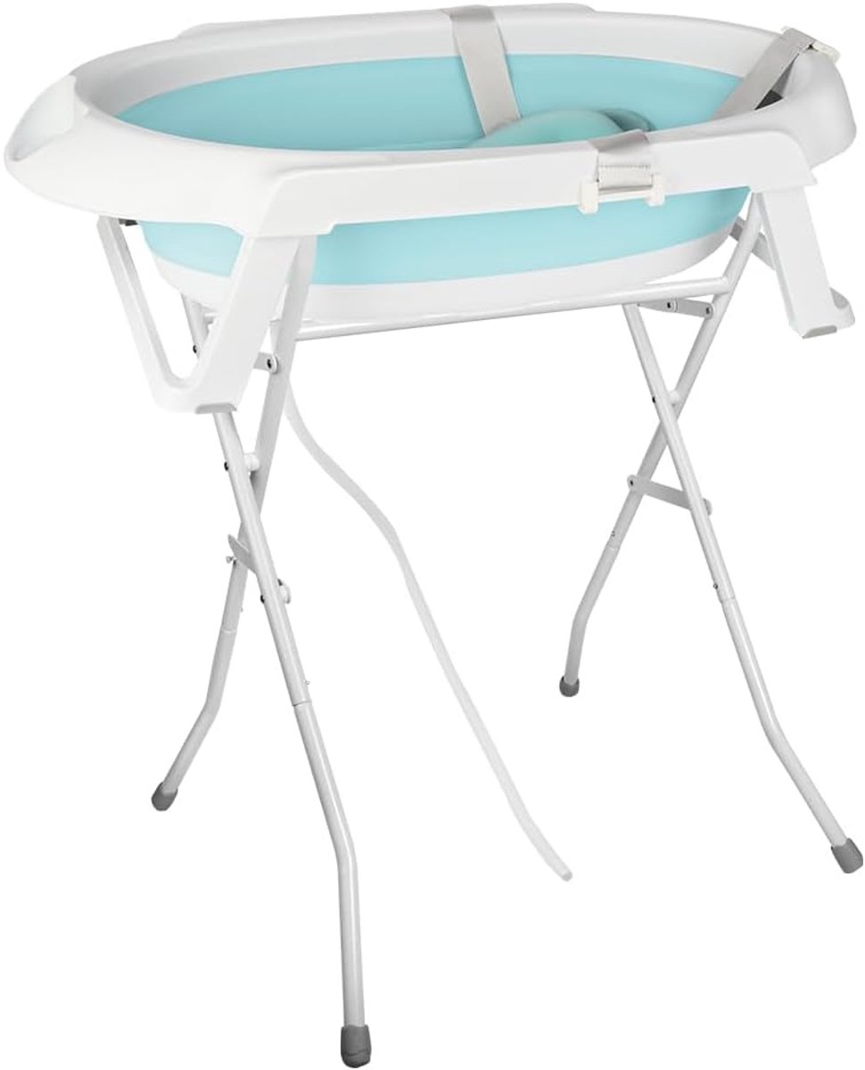 babybad met standaard, ergonomisch met kussen, wit en roze design, geïntegreerde afvoer (groen)