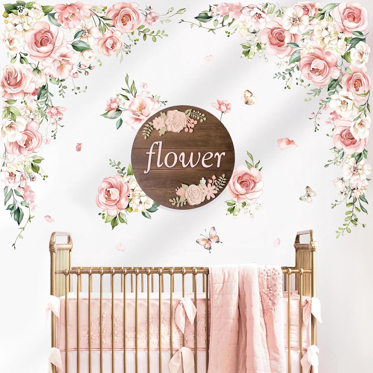 Muurstickers Roze Bloemen Grote Muurstickers Hangende Bloem Pioenroos Aquarel Vlinder Wanddecoratie Kinderkamer Woonkamer Slaapkamer Meisje