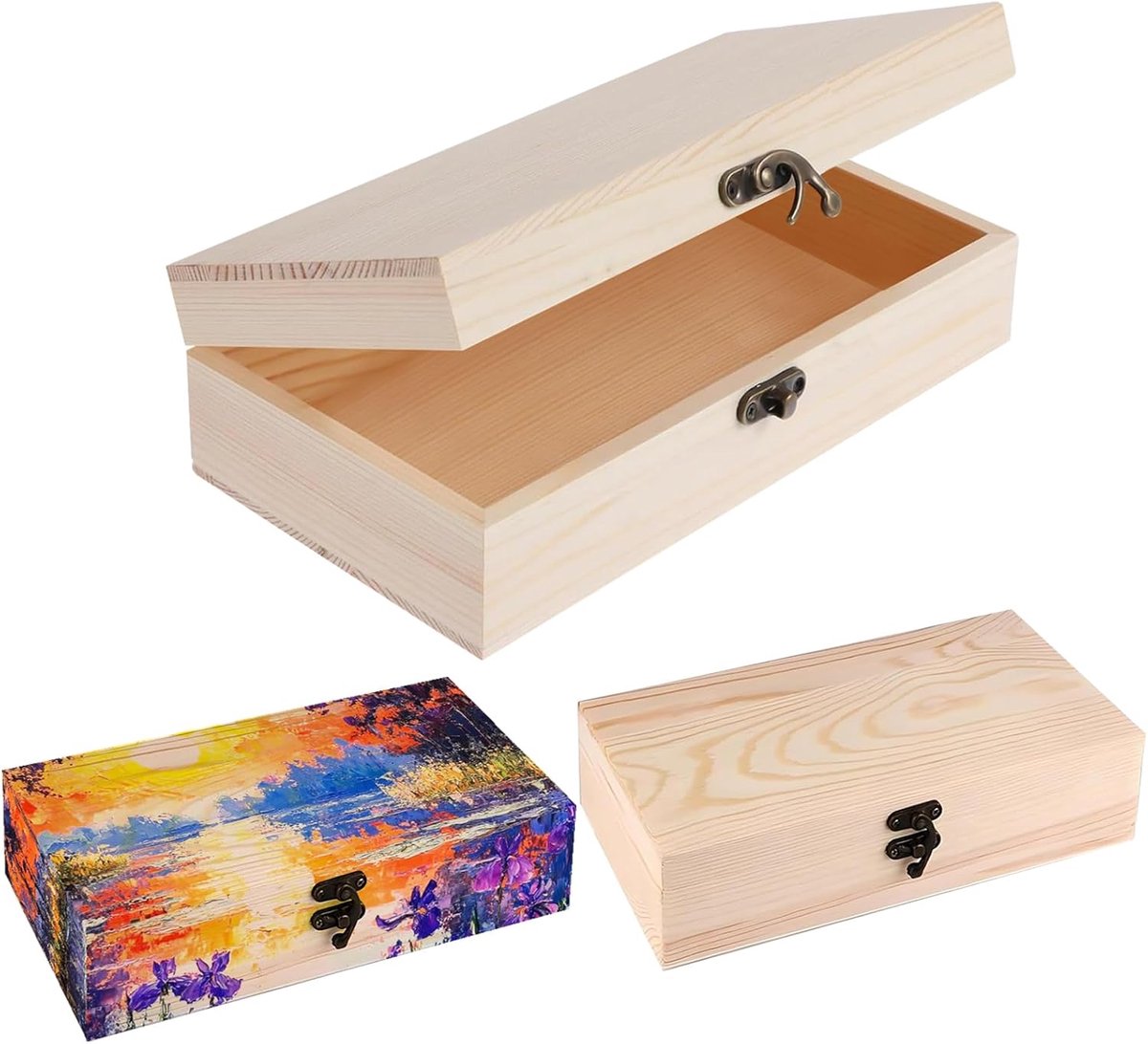 4 stuks natuurlijke kleine houten kisten, 20 x 10 x 5 cm, rustieke kleine houten kist, rechthoekige houten doos, met metalen klapsluiting, voor beschilderen, beplakken, doe-het-zelf kunst